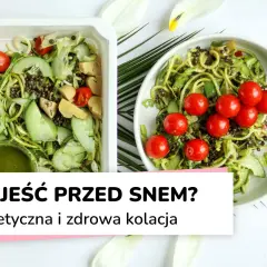 Dwie porcje lekkostrawnej kolacji: sałatka z cukinii, pomidorków i soczewicy. Idealna na wieczór.