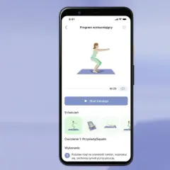 Aplikacja fitshow pokazuje program wzmacniający z ćwiczeniem 1: przysiady. Możesz rozpocząć trening.