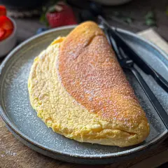 Puszysty omlet z białek, lekko przyprószony cukrem pudrem, czeka na talerzu obok świeżych truskawek.