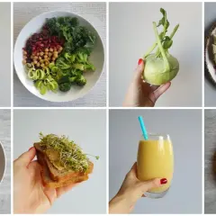Zdrowe posiłki wspierające płaski brzuch: woda z cytryną, sałatka, kalarepa, musli z owocami, ryż z warzywami, kanapki, smoothie, przekąski.