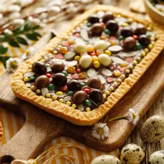 Pyszny mazurek fit z czekoladą i bakaliami, ozdobiony kolorowymi drażetkami i migdałami. Idealny na Wielkanoc.