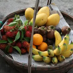 Koszyk pełen owoców: liczi, mango, pomarańcze, mangostany i banany. To idealne, lekkostrawne owoce na zdrową przekąskę.