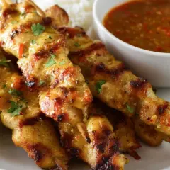 Aksamitne satay z kurczaka na patyczkach, podane z orzechowym sosem, ryżem i ćwiartką limonki.