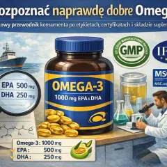 W czym jest omega 3? Na zdjęciu suplement z ryb, z certyfikatami GMP, IFOS, MSC. Zawiera 1000 mg EPA i DHA.
