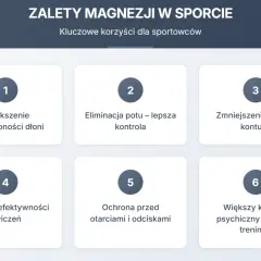 Magnezja co to? Wykres przedstawia 6 zalet magnezji w sporcie: lepsza przyczepność, kontrola potu, mniejsze ryzyko kontuzji, efektywniejsze ćwiczenia, ochrona skóry i komfort psychiczny.