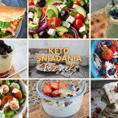 Keto śniadanie do pracy: wrap z warzywami, sałatka z awokado, smoothie, owsianka z owocami i keto batoniki.