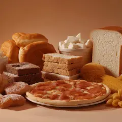 Różnorodne źródła węglowodanów: chleb, bułki, ciastka, pizza, makaron, ryż i cukier.