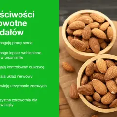 Migdały są zdrowe! Widać je w drewnianych miseczkach, a tekst wymienia ich liczne korzyści zdrowotne, np. dla serca i cukrzycy.