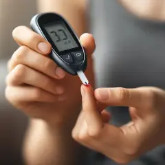 Osoba mierzy poziom glukozy glukometrem. Wynik 3.3 mmol/L sugeruje lekko podwyższony cukier na czczo.