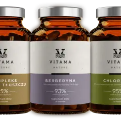 Trzy suplementy diety Vitama: Kompleks Spalacz Tłuszczu, Berberyna i Chlorella. Idealne wsparcie, gdy zastanawiasz się, jakie suplementy na redukcji wybrać.