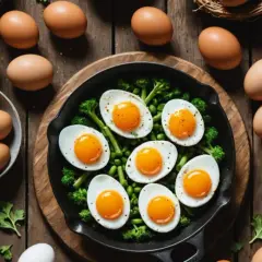 Jajka na talerzu z brokułami i groszkiem. Wokół surowe jajka, miseczki z jedzeniem. Czy jajka a cholesterol to mit?