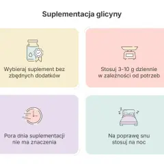 Wskazówki dotyczące suplementacji glicyny: wybieraj czysty suplement, stosuj 3-10 g dziennie, pora dnia nie ma znaczenia, na sen przyjmuj na noc.