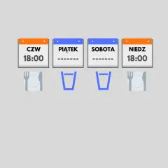 Czwartek, piątek, sobota i niedziela, każdy dzień o 18:00 to czas na posiłek. Post 24 godzinny.