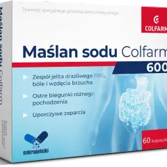 Maślan sodu Colfarm 600 – wybór dla jelit. Pomaga przy IBS, biegunkach i zaparciach. Opakowanie 60 kapsułek.
