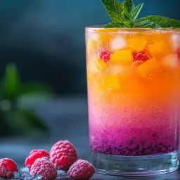 Orzeźwiający mocktail z malinami i brzoskwiniami, ozdobiony miętą. Idealny na letnie popołudnie.