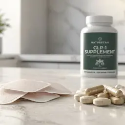 Na blacie kuchennym leżą plastry i suplementy diety Naturecan GLP-1.