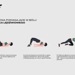 Ćwiczenia na kręgosłup lędźwiowy: unoszenie nogi, mostek i przyciąganie nóg w klęku.