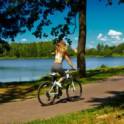 Kobieta na rowerze cieszy się pięknymi trasami rowerowymi na Mazurach, nad jeziorem.