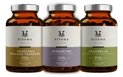 Trzy suplementy diety Vitama: Kompleks Spalacz Tłuszczu, Berberyna i Chlorella. Idealne wsparcie, gdy zastanawiasz się, jakie suplementy na redukcji wybrać.