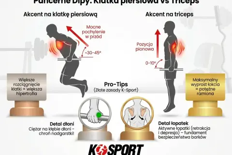 Pancerne dipy: akcent na klatkę (pochylenie 30-45°) lub triceps (pozycja pionowa). Dbaj o dłonie i łopatki dla bezpieczeństwa.