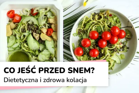 Dwie porcje lekkostrawnej kolacji: sałatka z cukinii, pomidorków i soczewicy. Idealna na wieczór.