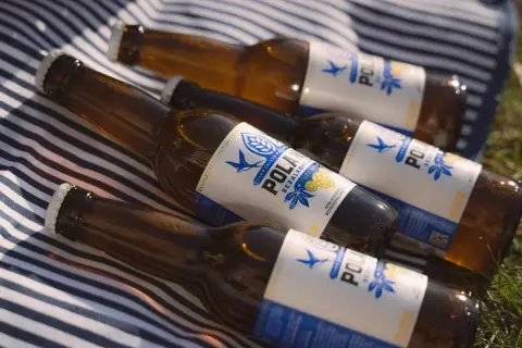 Butelki piwa bezalkoholowego leżą na kocu w paski. Czy piwo bezalkoholowe nawadnia? To pytanie zadaje sobie wielu, a te butelki mogą być odpowiedzią.