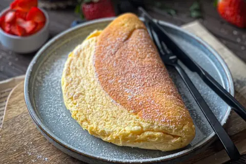 Puszysty omlet z białek, lekko przyprószony cukrem pudrem, czeka na talerzu obok świeżych truskawek.