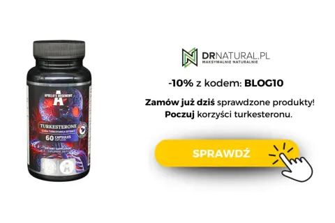 Czarny suplement diety z napisem "Turkesterone" i grafiką. Poczuj korzyści turkesteronu.