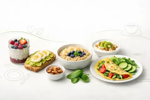 Zdrowe śniadanie na redukcji: owsianka, omlet, jogurt z kiwi, tosty z awokado i jajkiem, nasiona chia z owocami, migdały.