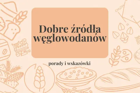Grafika z hasłem "Dobre źródła węglowodanów" i ilustracjami pieczywa, zbóż, ryżu i bananów.