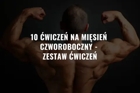 Kaptury i mięśnie ramion kulturysty na ciemnym tle. Tekst: "10 ćwiczeń na mięsień czworoboczny - zestaw ćwiczeń".