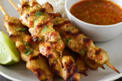 Aksamitne satay z kurczaka na patyczkach, podane z orzechowym sosem, ryżem i ćwiartką limonki.