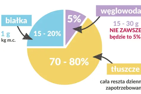 Wykres kołowy pokazuje proporcje makroskładników: białka (15-20%), węglowodany (5%) i tłuszcze (70-80%).