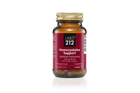 Suplement diety "Homocysteine Support" od LABS 212, zawierający TMG, witaminy z grupy B i cholinę, pomaga obniżyć homocysteine.