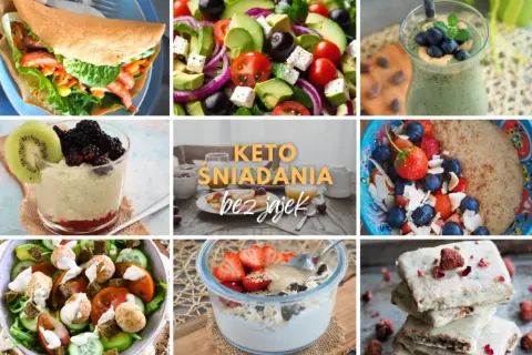 Keto śniadanie do pracy: wrap z warzywami, sałatka z awokado, smoothie, owsianka z owocami i keto batoniki.