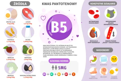 Wizualizacja przedstawia witaminę B5, jej źródła (jajka, łosoś, pszenica, mleko, orzechy, awokado, brokuły, nasiona słonecznika), korzystne działanie (hemoglobina, odporność, nadnercza, cholesterol) i objawy niedoboru.