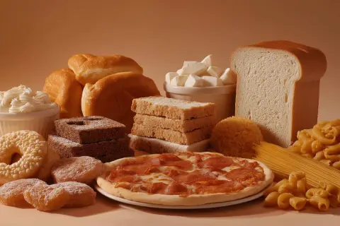 Różnorodne źródła węglowodanów: chleb, bułki, ciastka, pizza, makaron, ryż i cukier.