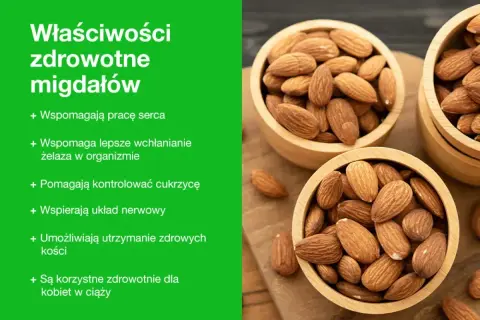 Migdały są zdrowe! Widać je w drewnianych miseczkach, a tekst wymienia ich liczne korzyści zdrowotne, np. dla serca i cukrzycy.