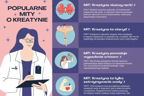 Grafika obala mity o kreatynie: nie niszczy nerek, nie jest sterydem, nie powoduje łysienia ani tylko zatrzymywania wody.
