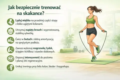 Kobieta skacze na skakance, ilustracja pokazuje jak uzyskać najlepsze skakanie na skakance efekty, dbając o technikę i bezpieczeństwo.