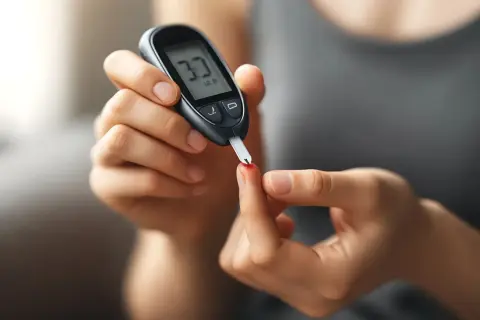 Osoba mierzy poziom glukozy glukometrem. Wynik 3.3 mmol/L sugeruje lekko podwyższony cukier na czczo.