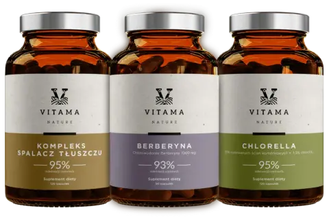 Trzy suplementy diety Vitama: Kompleks Spalacz Tłuszczu, Berberyna i Chlorella. Idealne wsparcie, gdy zastanawiasz się, jakie suplementy na redukcji wybrać.