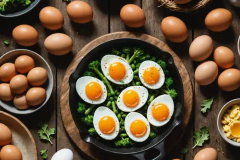 Jajka na talerzu z brokułami i groszkiem. Wokół surowe jajka, miseczki z jedzeniem. Czy jajka a cholesterol to mit?