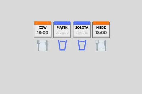 Czwartek, piątek, sobota i niedziela, każdy dzień o 18:00 to czas na posiłek. Post 24 godzinny.
