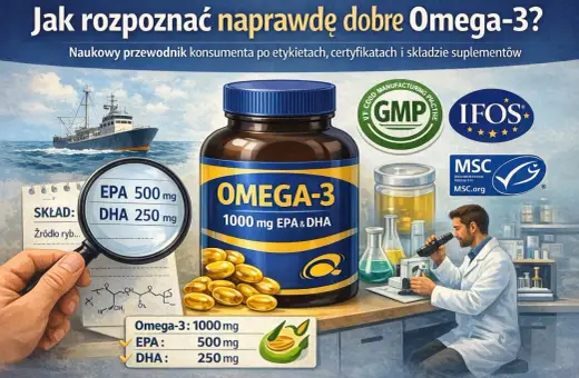 W czym jest omega 3? Na zdjęciu suplement z ryb, z certyfikatami GMP, IFOS, MSC. Zawiera 1000 mg EPA i DHA.