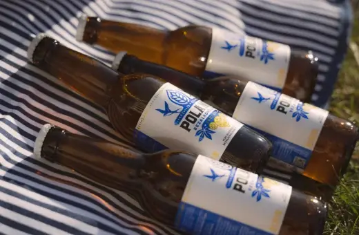 Butelki piwa bezalkoholowego leżą na kocu w paski. Czy piwo bezalkoholowe nawadnia? To pytanie zadaje sobie wielu, a te butelki mogą być odpowiedzią.