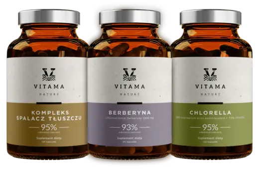 Trzy suplementy diety Vitama: Kompleks Spalacz Tłuszczu, Berberyna i Chlorella. Idealne wsparcie, gdy zastanawiasz się, jakie suplementy na redukcji wybrać.