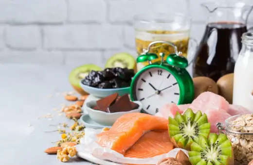 Zegar i produkty bogate w tryptofan: łosoś, kiwi, orzechy, mleko, owies, śliwki. Zastanawiasz się, po jakim czasie działa tryptofan?