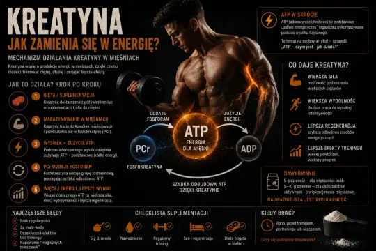 Kreatyna co daje? Większa siła, wydolność i lepsza regeneracja mięśni. Pomaga szybko odbudować ATP, paliwo dla mięśni, co przekłada się na lepsze efekty treningu.