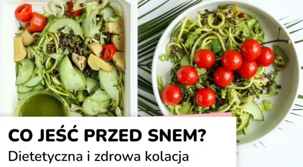 Dwie porcje lekkostrawnej kolacji: sałatka z cukinii, pomidorków i soczewicy. Idealna na wieczór.